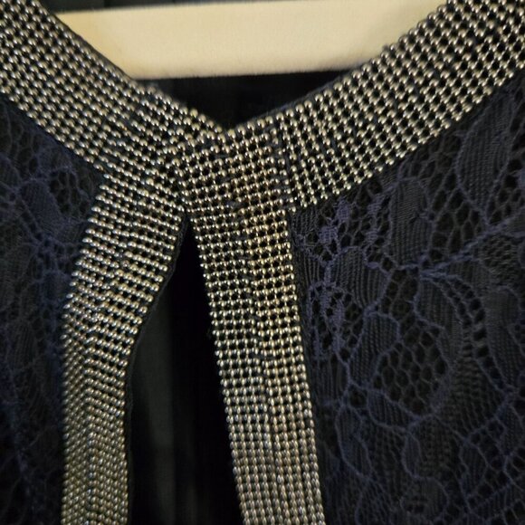 Magaschoni Vintage Unique Silver Beaded Trim Navy Lace Lightweight Jacket Size 8 - Picture 4 of 6